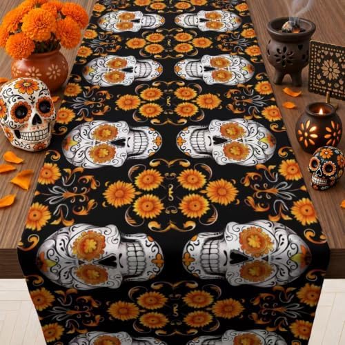 Dia De Los Muertos Decorations - Mexican Sugar Skull Table Runner
