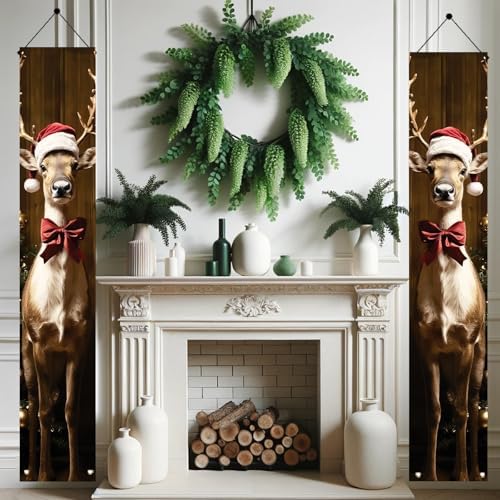 2PCS Christmas Porch Banner Decoration Reindeer Door Sign Hanging Decorations for Outdoor Indoor 71 x 12 Inch Front Door Xmas Decor Holiday Wall Fireplace Entryway Banner Party Supplies