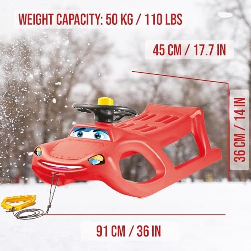 Snow Sled for Kids - SnoWheel Sledge - Toboggan with Pull Rope and Decorative Steering Wheel; Outdoor Plastic Winter Sleigh for Toddlers & Kids