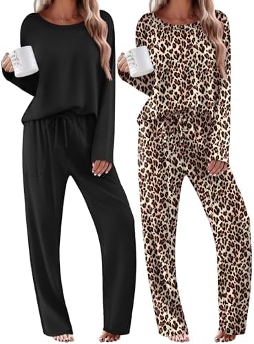 Ekouaer 2 Pack Womens Pajama Sets Long Sleeve Long Pants Pjs Loungewear