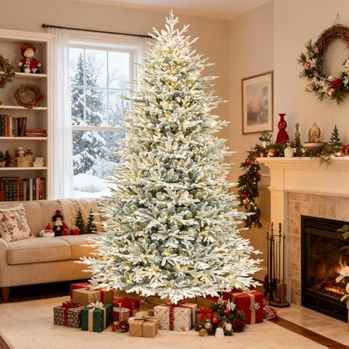 Hykolity 7.5 ft Prelit Flocked Christmas Tree with 450 Warm White LEDs