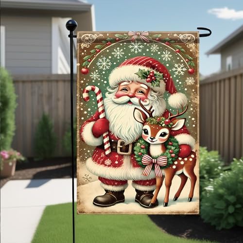 Christmas Garden Flag Santa Claus with Reindeer Flag Holiday Outdoor Yard Decoration 12x18 Inch Double Sided Winter Banner Candy Cane Snowflake Wreath Seasonal Lawn Porch Patio Decor