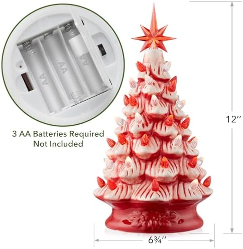 Casafield Hand Painted Ceramic Christmas Tree, Red and White Peppermint 12-Inch Pre-Lit Tree with 100 Multi Color Lights and 2 Star Toppers
