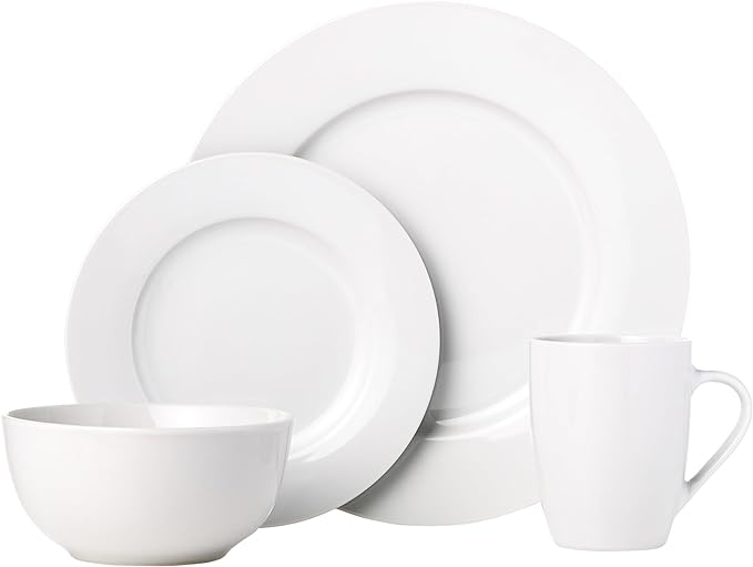 Amazon Basics 16-Piece Porcelain Dinnerware Set, Microwave and Dishwasher Safe, Service for 4, Plates, Bowls and Mugs, White