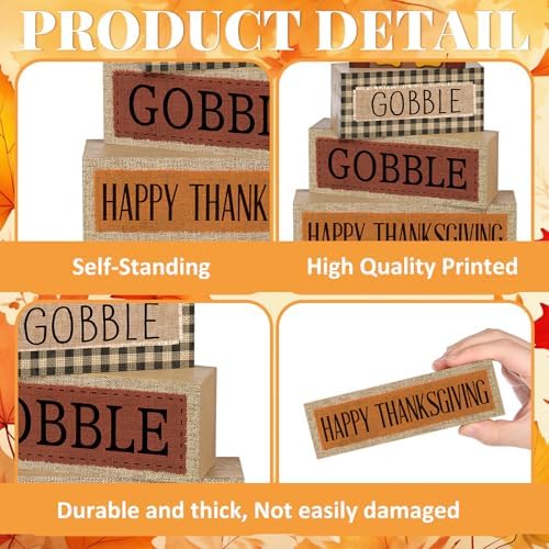Lineshading 4 Pcs Thanksgiving Table Decor, Gobble Turkey Wooden Block Sign