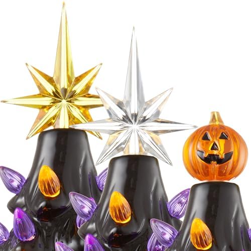 Casafield Hand-Painted Ceramic Halloween Tree, Black 12-Inch Pre-Lit Decoration with 100 Multi-Color Lights, Jack-O-Lantern and Star Toppers