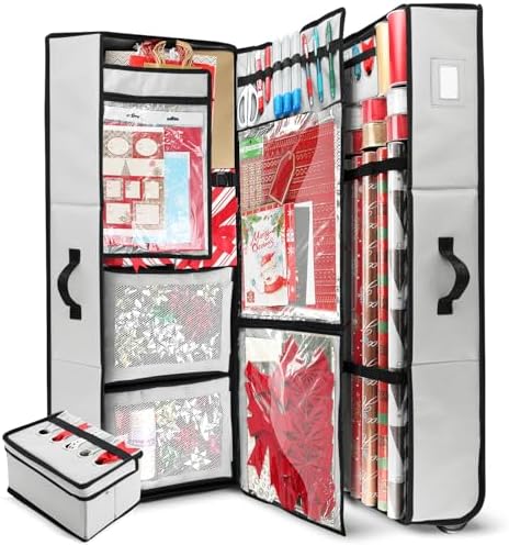 Hearth & Harbor Wrapping Paper Storage Container with Ribbon Dispenser and Interior Pockets - Large Christmas Storage Containers with Wheels, Fits 30 Rolls of 40" Length, Silver