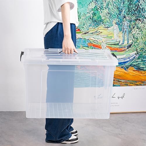 Cetomo Lidded Storage Bin with Handle, Storage Bins with Lid, Organizing Container with Secure Latching Buckles, Stackable and Nestable, Plastic, 95 Quart-4 Pack, Clear