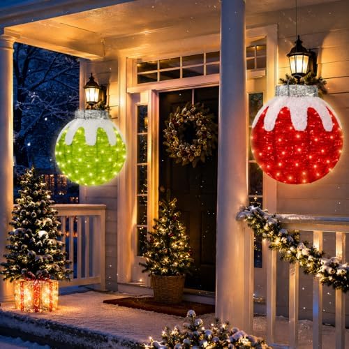 2 Pcs Outdoor Christmas Ornaments, Lighted Pop-Up Holiday Ball Decoration with 160 LED Lights, 8 Light Functions, Lighted Collapsible Christmas Outdoor Decorations for Yard, Patio, Home