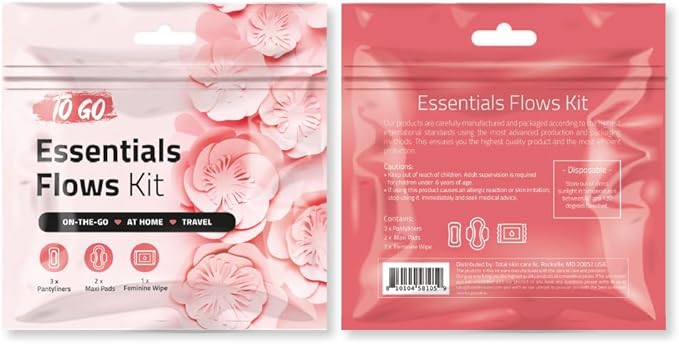 Essential Flows Period Kit - 3 Pantyliners, 2 Maxi Pads & Feminine Wipe | Hygiene Essentials for School, First Period