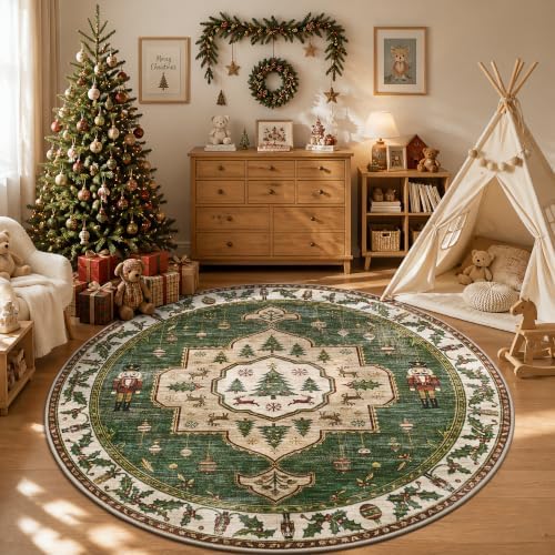 Engiw Christmas Rug 5 ft Round Area Rug, Washable Non-Slip, Soft Low Pile Carpet, Christmas Decorations for Living Room, Bedroom, Kitchen, Hallway, Entryway and Under Christmas Tree
