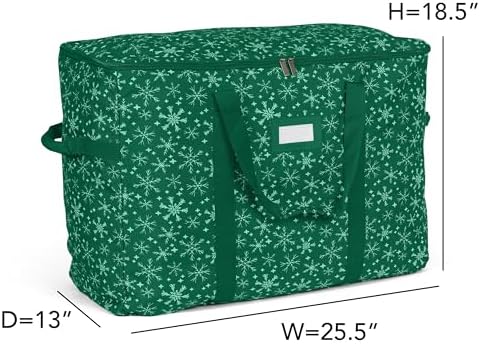 Covermates Keepsakes Adjustable Ornament Storage Bag – Heavy-Duty Polyester, Padded Dividers & FlexGrid Trays – Protective Holiday Ornament Organizer with Handles & Label Window, Green Snowflake