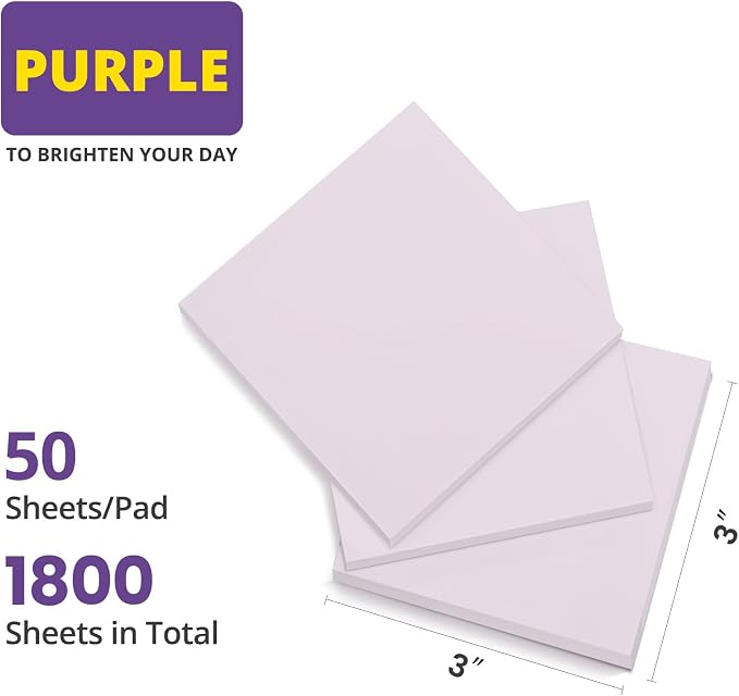 Sticky Notes, 36 Pads, 3x3 Inches Self-Stick Note Pads, Perfect for Office, Study, and Daily Life Organization - Purple