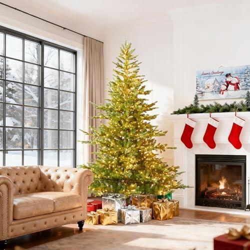 Glitzhome Prelit Christmas Tree, 7.5ft Green Full Christmas Tree Vibrant Evergreen Fir with 1,600 Warm White/Multi-Color Lights, 9 Function w/Foot Pedal and Remote Control,Easy Assembly