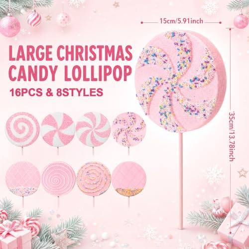 Roowest 16 Pcs 13.78'' Pastel Large Candy Christmas Decorations Giant Lollipop Candy Decoration with Sticks Macaron Peppermint Xmas Decor for Christmas Tree Ornament Holiday Party (Pink,8 Styles)