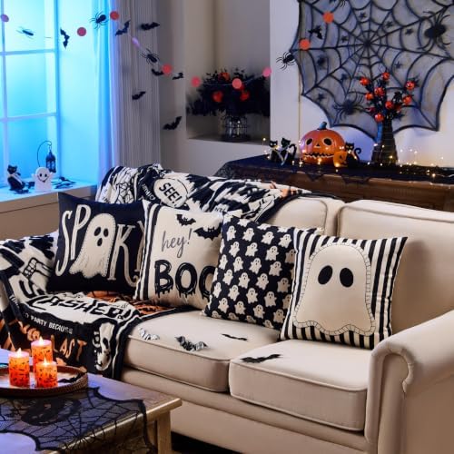 Halloween Decor Pillow Covers 16x16 Inch,Set of 4 Halloween Decorations Outdoor Indoor Throw Pillow Covers, Hey Boo Cute Spooky Ghost Black Striped Linen Cushion Case for Home Sofa Couch Bed Chair