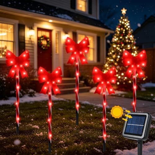 Solar 5PCS Christmas Bow Outdoor String Lights with Stakes Decor Red