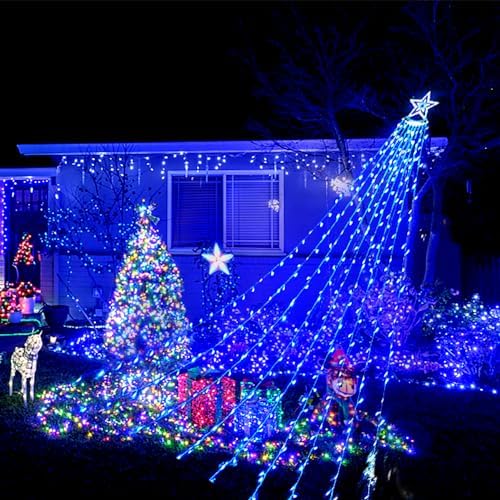 Aokudoni Christmas Decorations: 12.6 FT 350 LED Waterfall Lights 8 Modes Outdoor Christmas Lights for Xmas Tree House Yard Porch Patio Garden Decor, Blue