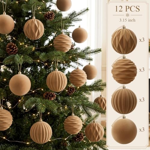 Liliful 3.15 Inch 12 Pcs Velvet Christmas Ornaments Balls, Light Brown