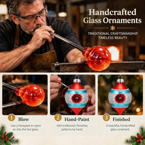 Soulchen 8pcs Retro Christmas Glass Finial Ornament with Reflector for Tree