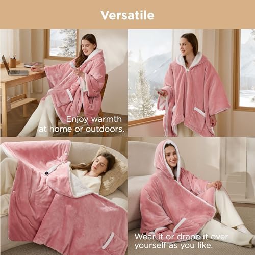 Bedsure Wearable Heated Blanket Hoodie Shawl, Gifts for Mom, 55"x64", Pink