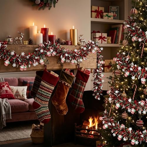 50 Feet Red Green Christmas Metallic Tinsel Twist Hanging Garland with Snowflake Santa Claus for Home Mantle Xmas Tree Staircase Railing New Year Holiday Party Indoor Outdoor Decorations
