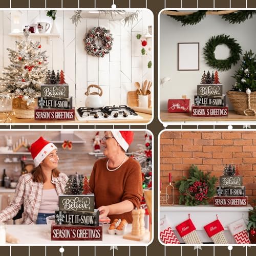 Moucuny 4 Pcs Christmas Decor Wooden Block Signs for Tiered Tray Table
