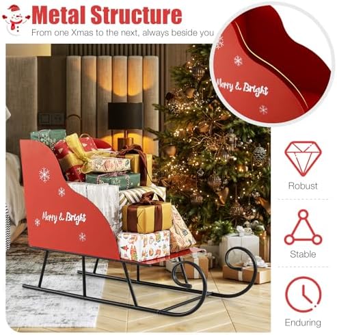 Metal Christmas Santa Sleigh Basket, Red Christmas Sleigh Decoration for Gift Storage, Santa’s Gift Sleigh for Holiday Displays, Festive Decorative Sleigh Cart for Indoor Outdoor Home Party