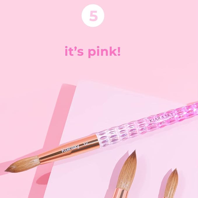 Kiara Sky Kolinsky Acrylic Nail Brush #18 – Pure Kolinsky Sable Hair, Pink Crystal Handle, Acetone Resistant, for Acrylic Application, Extensions & 3D Nail Art