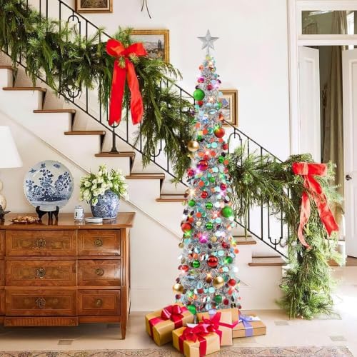 N&T NIETING Pop Up Christmas Tree with Lights, Collapsible Tinsel Xmas Tree Decorations, Pencil Christmas Tree Skinny Tree for Holiday Xmas Home Office Decor, 40 Balls, 6Ft, Silver