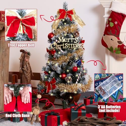 3ft Christmas Tree with Lights, Christmas 36inch Small Artificial Tabletop Tree, Xmas Desk Mini Tree with 50 LED Lights, Hanging Ornaments Decorations, Holiday Tree for Home Decor, Indoor, Office