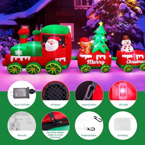 10.7 FT Christmas Inflatables Train with Santa Claus Reindeer Snowman Christmas Tress Built-in LED Lights Blow Up Christmas Decor for Christmas Party Holiday Outdoor Garden Lawn Yard Decorations