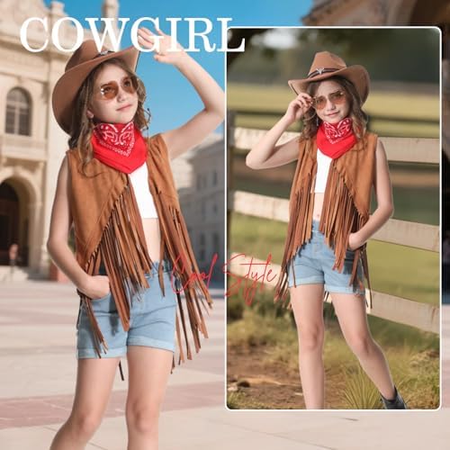 Cowgirl Outfits for Girls Kids 6 Pcs Western Costume Accessories Cowboy Hat Fringe Vest Earring for Halloween Party