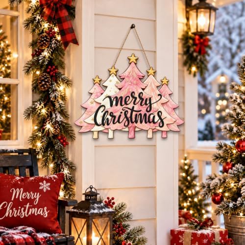 Christmas Decorations Pink Pine Tree Merry Christmas Hanging Wooden Sign