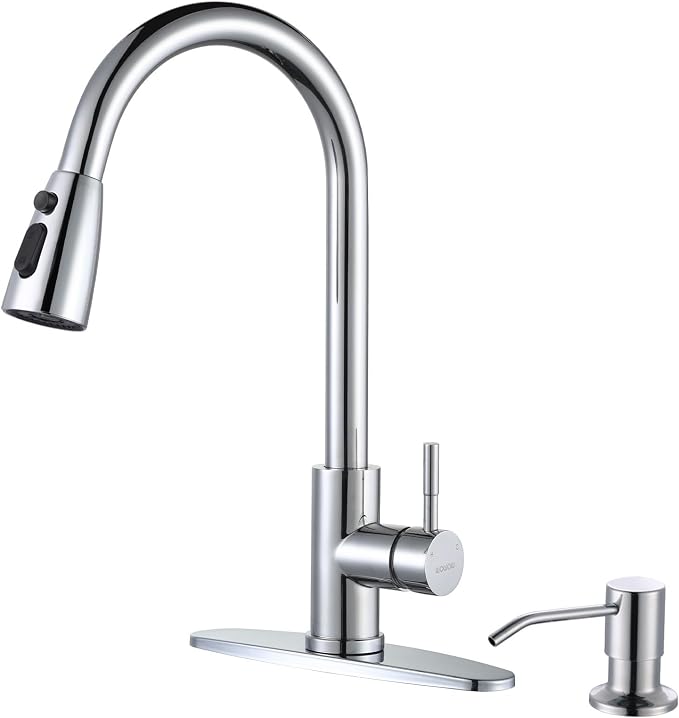 Chrome Kitchen Faucet with Soap Dispenser, WOWOW Stainless Steel Faucet for Kitchen Sink 2 or 4 Hole, High Arc Single Handle Pull Down Kitchen Faucet for Sink, RV, Laundry, Bar
