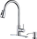 Chrome Kitchen Faucet with Soap Dispenser, WOWOW Stainless Steel Faucet for Kitchen Sink 2 or 4 Hole, High Arc Single Handle Pull Down Kitchen Faucet for Sink, RV, Laundry, Bar