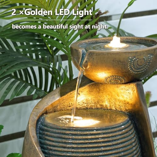 Sunlinua Vase Outdoor Water Fountain, 31.4''H Jar Waterfall Fountain with Warm LED Lights&Durable Pump for Yard, Porches, Home Décor,Garden,Office