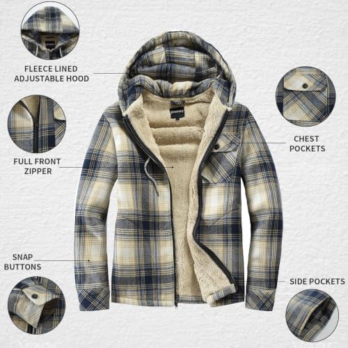 Elesuit Men's Full Zip Fleece Flannel Jacket Shirt Plaid Cotton Hoodie Coat