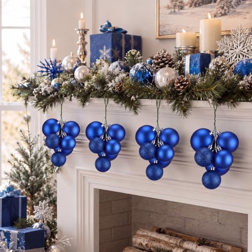 Roowest 4 Sets Large Blue Glitter Christmas Ball Clusters Ornaments Decor