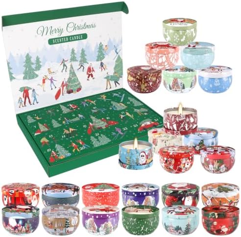 24 Days of Christmas Countdown Tin Candles, Festive Scented Soy Wax Gift Set, Holiday Aromatherapy Candles for Women, Christmas Decor