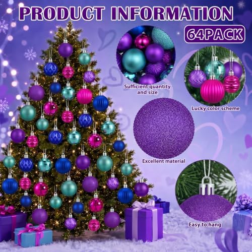 Lunmon 64 Pcs Christmas Ball Ornaments Blue Purple Hot Pink Teal Xmas Bulbs Ornament 1.6/1.97/2.4 Inch Plastic Hanging Decoration Assorted Size Christmas Decorations for Tree Home Wreath Party Decor