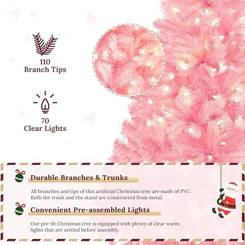 Yaheetech 4ft Pre-lit Artificial Small Christmas Tree with Stand, Pink