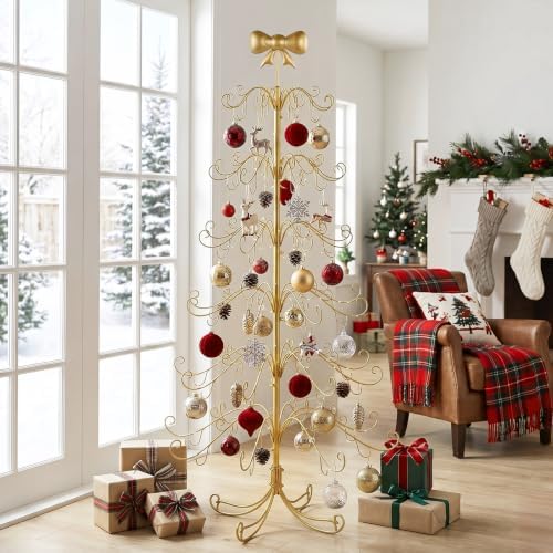 6ft Wrought Iron Christmas Tree, Bow Topper, for Hanging Ornaments, Gold