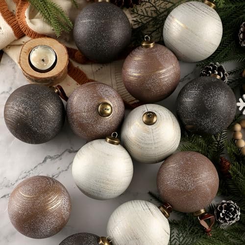 Yunlly 12 Pcs Neutral Christmas Ornament, Bronze Taupe Ivory, 4‘’