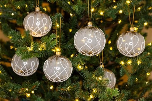 Luxury Handcrafted European Glass Christmas Ball Ornaments - Set of 6 - Gold & White - Swirl - 8 cm - Mouth-Blown & Hand-Painted