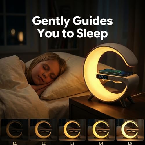Smart LED Table Lamp Alarm Clock for Bedroom with Wireless Charging Bluetooth Speaker, App Controlled Night Light for Kids, Christmas Birthday Gifts for Teens Adults Desk Office Bedroom Decor (White）