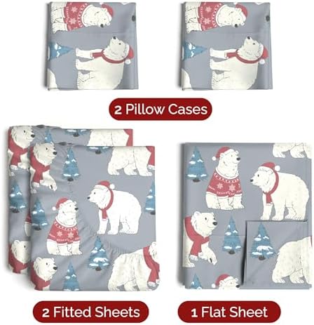 Christmas Sheet Set, Santa Bears, Holiday Xmas Bedding Set - Split King