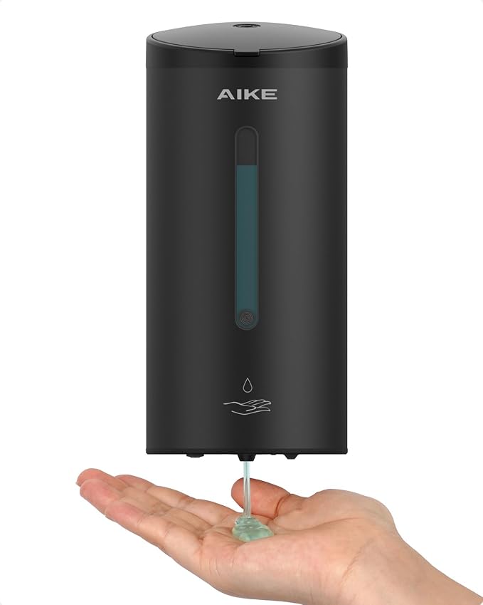 AIKE Automatic Liquid Soap Dispenser,25oz Capacity for Bathroom,Matteblack | No-Drill and Screw Wall Mount Install Design for Space-Saving,4*AA batteries(Not Included) Ensure Long Standby,Model AK1205E
