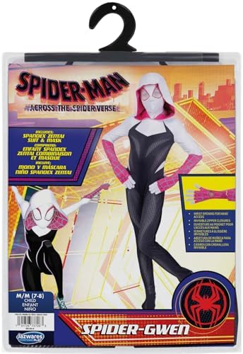 Marvel Spider-Gwen Official Youth Zentai Costume - Hooded Spandex Jumpsuit with Printed Design and Pull On Spandex Mask