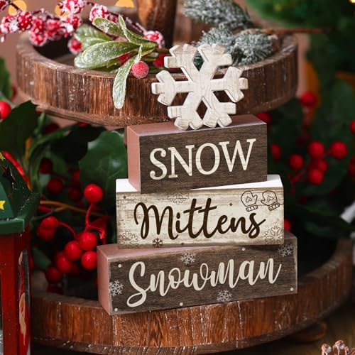 Moucuny 4 Pcs Wooden Snowman Block Signs Farmhouse Table Decoration